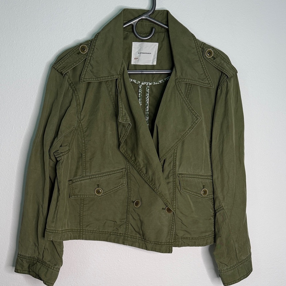Anthropologie Cropped Aviator Jacket Moss Green Lyocell Linen Blend Size L